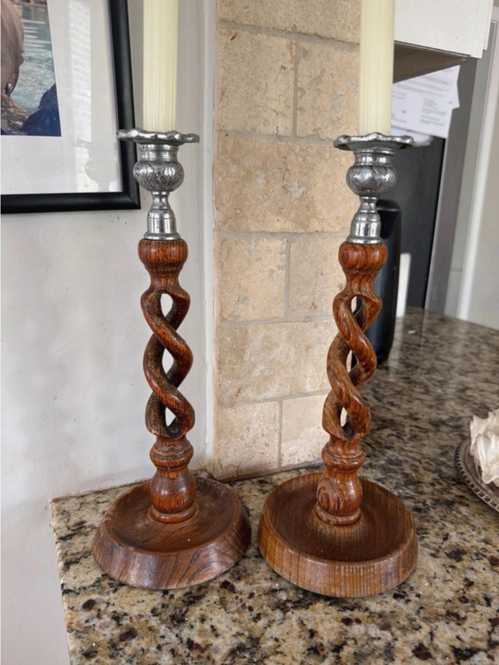 Antique Hand-Carved Twisted Wood Candlestick Pair in Brown